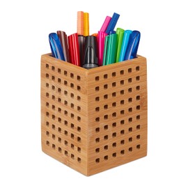 Relaxdays Pen Holder Bamboo Country House Style H x W x D 11.5 x 9 x 9 cm Natural
