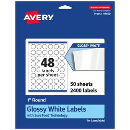 Avery Round Labels, Sure Feed Technology, 1" Diameter, 2,400 Glossy White Labels (36488)