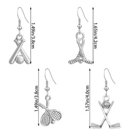 QUSIJIA 4 Pairs Golf Hockey Tennis Baseball Lacrosse Stick Earrings for Men Classic Club Dangle Earrings for Sport Lover And Women Gifts (silver)