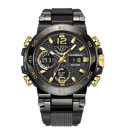 FOXBOX Men's Fashion Sports Watch, 50M Water-Resistant, Luminous Display with Digital Dial - Color: Black and gold