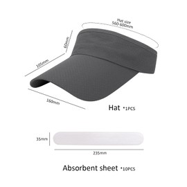 GVSAVY 1 Dark Gray Sun Visor Hat, 10 PCS Brim Sweat-Absorbing Sheets, Fashion Sun Visor, Sun Visor Sports Hat, Face Shade, Unisex, Suitable for Beach, Travel