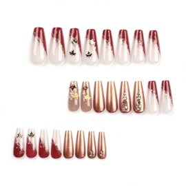 Red French Tip Press on Nails Long Coffin Fake Nails Glossy Glue on Nails Fall Acrylic Nails with 3D Rhinestones Maple Leaves Designs Gold Full Cover Artificial Stick on Nails for Women 24Pcs
