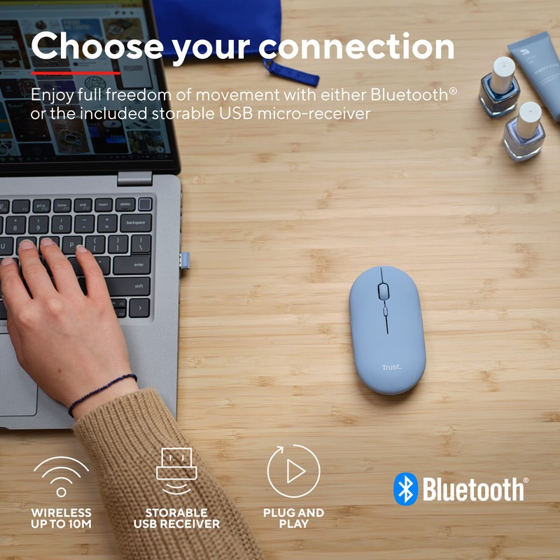 Trust Puck Wiederaufladbare Kabellose Maus, Bluetooth und 2.4 GHz Verbindung