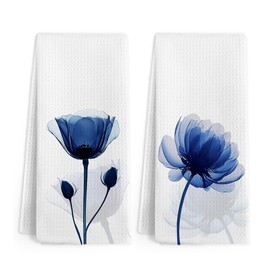Gnmduw Blue Floral Hand Towels for Bathroom, Boho Floral Kitchen Towels, Blue White Flower Hand Towel Set of 2, Minimalist Flower Decorative Dish Tea Towel for Kitchen Bathroom Decor, 16x24 Inch