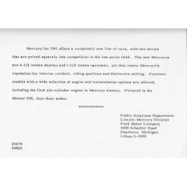 1961 Mercury Meteor 600 4-Door Sedan Press Photo and Release 0053