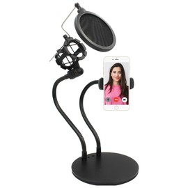 2-in-1 Gooseneck Phone Holder with Microphone Shock Mount Holder & Microphone Pop Filter Flexible Mic Arm - Perfect for Live Streaming, Social Media & Studio Recording and Games by Technical Pro