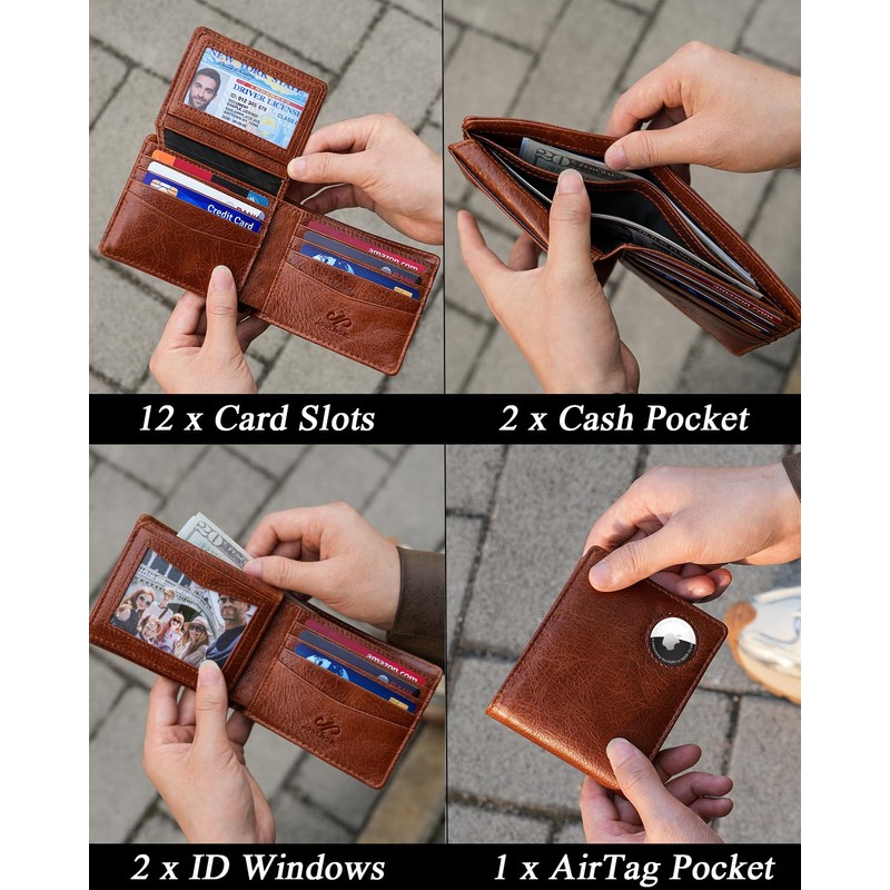Jowlroel AirTag Wallet Mens - Genuine Leather Bifold RFID Blocking