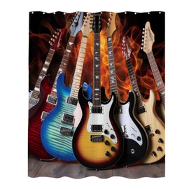 Funny Guitar Shower Curtains Retro Electric Guitar Music Band Theme Small Window Curtain Bathroom Decor Set with Hooks Waterproof Washable 72 W x 72 H Inches Yellow Blue