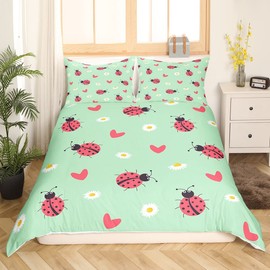 Red Ladybird Bed Linen 135 x 200 cm Cute Cartoon Ladybird Reptile Duvet Cover for Children Boys Girls Youth White Daisy Flowers Bedding Set Kawaii Love Heart Pattern Green Duvet Cover