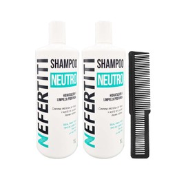 Kit Shampoo Neutro Sin Sal y Sin Parabenos Hidratación y Limpieza Profunda Nefertiti 2pzs para Todo Tipo de Cabello Aceite de Jojoba y Proteína de Trigo + Peine de Corte ALFAMAR