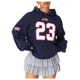 SOLY HUX Hoodies for Women Number Graphic Hooded Sweatshirt Drop Shoulder Long Sleeve Y2k Pullover Tops Dark Blue Letter X-Large