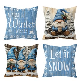 EOBTAIN Blue Farmhouse Christmas Pillow Covers 18x18 Set of 4 Gnome and Pine Tree Decorative Throw Pillow Covers Winter Snowflake Seasonal Cushion Case Pillow Cases for Sofa Bedroom Home Decor