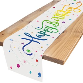 Table Runner Birthday – Colourful Happy Birthday Tablecloth – Decoration Good Birthday Table Runner Table Suitable for Children's Birthday Party Decoration of Boys and Girls (White)
