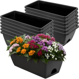 LOCONHA Window Box Planter, 12 Pack Plastic Vegetable Flower Planters Boxes 17 Inches Rectangular Flower Pots with Saucers for Indoor Outdoor Garden, Patio, Home Decor (Dark Grey)