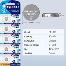 PKCELL 5-Pack CR1025 Lithium Battery 3V CR 1025 Battery, 5-Year Shelf Life