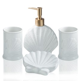 Bathroom Accessories Set, 4 Pcs Beach Seashells Ensemble Sets Ceramic Bathroom Counter Sets Includs Soap Dispenser Soap Dish & 2 Gargle Cup, Creative Bathroom Kit for Home Office Hotel (Seashell)