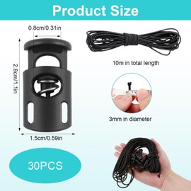 30 Pieces Toggles for Drawstrings and 10m Black Elastic Cord, Plastic Cord Locks Single Hole Spring Toggle Stoppers Fastener Slide for Shoelaces Clothing Camping Equipment Backpack Paracord