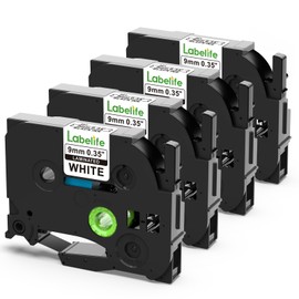 Labelife 9mm Label Tape TZe-221 Replace for Brother P Touch TZe TZ Tape 9mm 0.35 Laminated White Label Tape TZe221 Work for Brother Ptouch Label Maker PT-D210 PT-H110 PT-D220 PT-D400, 3/8 Inch, 4-Pack