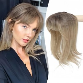 Ms Taj 18inch Clip in Bangs 360 3D Cover Bangs 4"x5" Layered Straight Hair Topper with Bangs Synthetic Fluffy Hair Toppers for Women, Comfortable for Daily Wear(Ombre Brown Blonde)