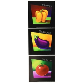 wallsthatspeak Tomato Pepper Eggplant Cooking Kitchen Art Prints by Mary Naylor, 8 x 8-Inch, Black/Red/Purple/Yellow/Green, Set of 3