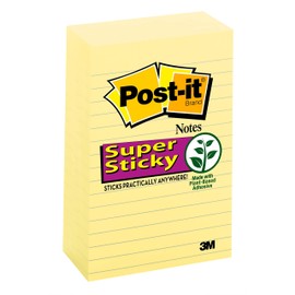 Post-it Super Sticky Notes, 4x6 in, 5 Pads, 2x the Sticking Power, Canary Yellow, Recyclable