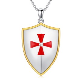 BETHZA Diamond Shield Necklace Knights Templar Cross Joshua 1:9 Shield Pendant S925 Sterling Silver Men's Verse Bible Armor of God Shield Necklace Jewelry Gifts for Father Husband Men