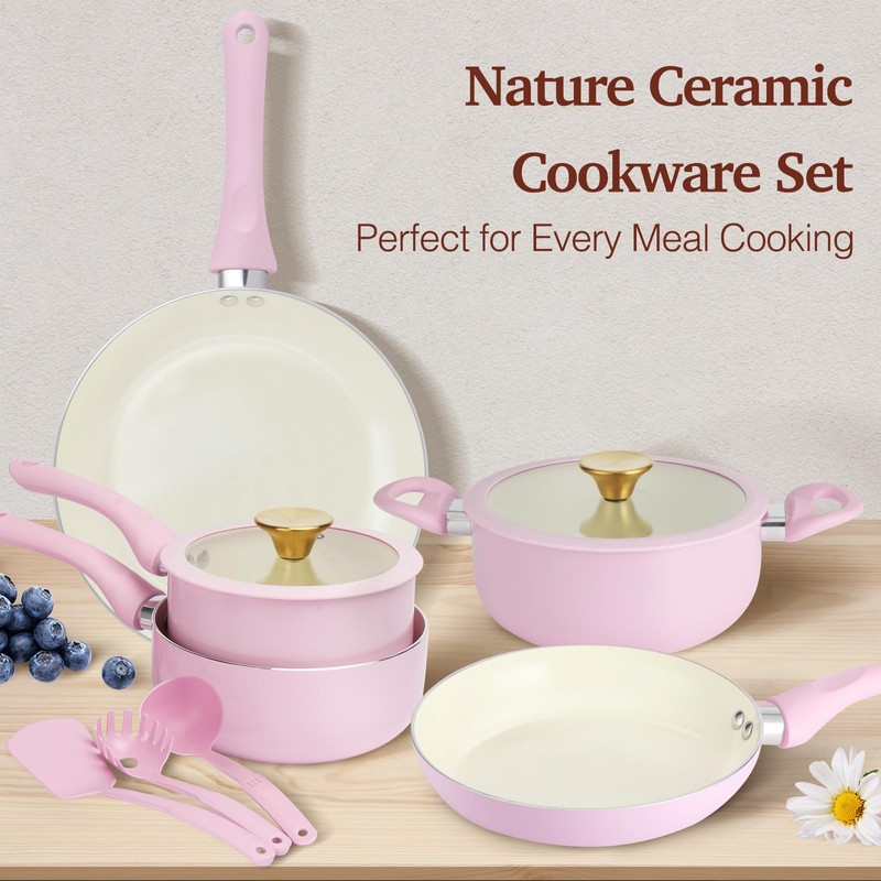 M MELENTA Pots and Pans Set Non Stick, Pink Ceramic