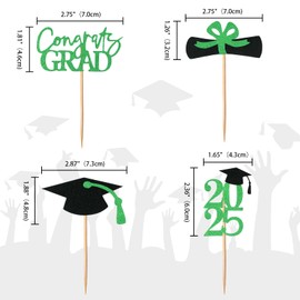 Graduation Cupcake Toppers Glitter Class 2025 Themed Party Decorations Graduation Cupcake Toppers Supplies Green 24 Pack