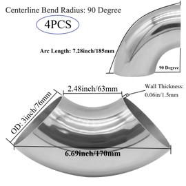YSIL 3 Inch Exhaust Bend Elbow Pipe Stainless Steel 90 Degree Mandrel Bend Elbow Tube for Car Modified Exhaust System Stair Handrail 4PCS