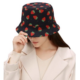 Malaxlx Strawberry Print Black Bucket Hat for Women, Summer Travel Beach Outdoor Sun Hat Reversible Double-Side-Wear
