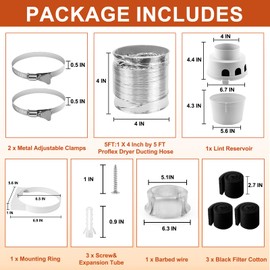 [UPGRADED]Cenipar TDIDVKZW Indoor Dryer Vent Kit Filter 3 In 1 Filter Bucket with 4 Inch 5 Feet Proflex Ducting Hose for Electric Dryers,White