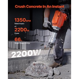 VEVOR Demolition Jack Hammer, MAX 2200W Electric Jackhammer Heavy Duty, 1350 BPM Concrete Breaker 2pcs Chisels Bit Chipping W/Case