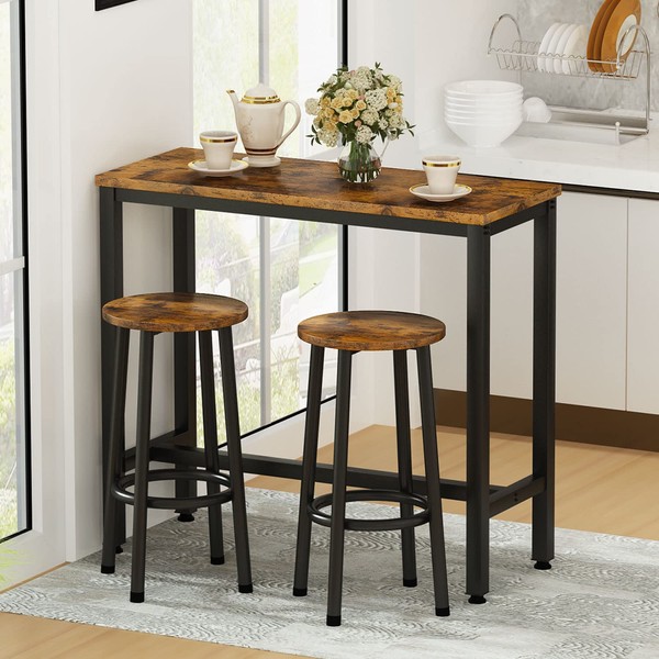 AWQM 3 Piece Bar Table Set, 39.3" Pub Height Table with 2 Round Stools,Industrial Breakfast Bar Table Sets,Kitchen Table Set of 2 Ideal for Kitchen,Living Room,Bar,Rustic Brown