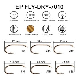 Eupheng Fly Fishing Hooks 100pc Pack Micro Barbed High Carbon Steel Bronze Forged for Dry Flies, Curved Nymphs, Shrimp,Caddis Pupa (#18, EP FLY-DRY-7010)