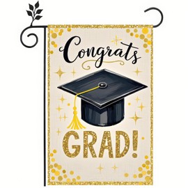 BlissYard Graduation Garden Flag Congrats Grad Sign Congrats Grad Banner 12x18 Inches Congrats Grad Flag with Graduation Cap Gold Glitter Accents Celebration Theme for Yard Porch and Outdoor Decor