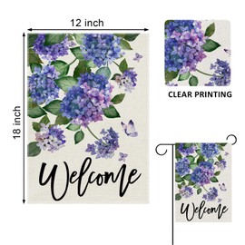 Covido Welcome Spring Hydrangea Decorative Garden Flag, Purple Floral Flowers Butterfly Yard Outside Decorations, Summer Farmhouse Outdoor Small Home Decor Double Sided 12 x 18