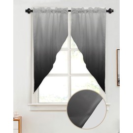 BEMIGO Swag Valances for Windows, Ombre Black Gray Rod Pocket Kitchen Window Curtains Over Sink, Gradient Color Window Curtain Panel Swag Curtains Valences, 36 Inches Length