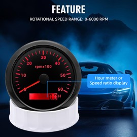 RPM Tachometer Gauge for Car 0-6000 RPM 3-3/8" 85mm Waterproof RPM Gauge 12V/24V Tach Autometer for Gasoline, Diesel & Outboard Engine 1-10 Cylinder