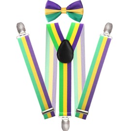 Mardi Gras Suspenders and Bow Tie Set for Men Cosplay Accessories, Clip On Y Shape (MIX-001)
