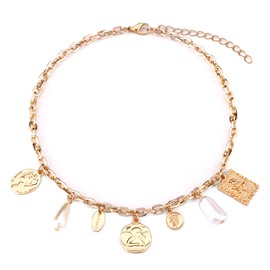 Mikovivi Charm Necklace for Women, Exquisite Gold Charm Necklace Alloy Chunky Charm Necklace Badge Pearl Vintage Necklace for Women Summer Beach Party Jewelry Gift