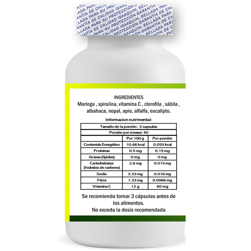 MORINGA + ESPIRULINA Y CLOROFILA 120 capsulas de 500 mg