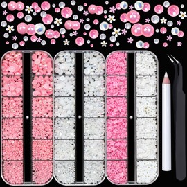 YAEISM 5000PCS Nail Pearls and Flower Nail Charms Kits 2 Box Resin White Pink Half Round Pearls Mix Sizes 3D Flower Nail Art with Pickup Pencil and Tweezer for Manicure DIY Crafts Accessories