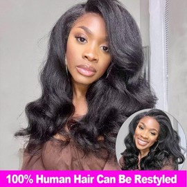 Enoya 360 Lace Front Wigs Human Hair Pre Plucked Kinkystraight Human Hair Wig, Glueless Wigs Human Hair 200 Density for Black Women with Baby Hair Natural Hairline(12" silk top 360 Lace Frontal Wig)