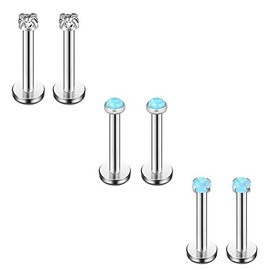 Ruifan 2mm Blue Opal & Clear CZ Internally Threaded Stainless Steel Labret Monroe Lip Ring Tragus Helix Earring Stud 16G 5/16" 8mm 6PCS