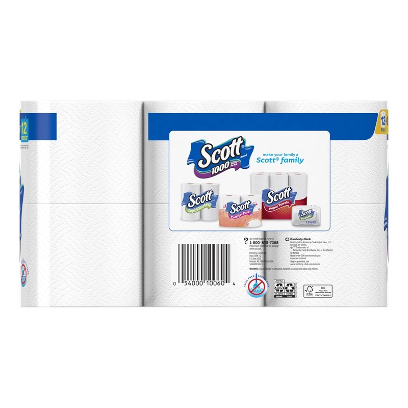 Scott 1000 Sheets Per Roll Toilet Paper, 12 Rolls, Bath