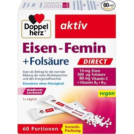 Doppelherz Iron Femin Direct with Vitamin C + B6 + B12 + Folic Acid - 14 mg Iron for the Normal Formation of Red Blood Cells - 60 Portions of Micro Pellets