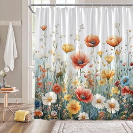 Floral Shower Curtain Watercolor Flower Leaves Boho Nature Spring Yellow Orange Green Fabric Curtain with Hooks for Bathroom Decor,70x70 Inch
