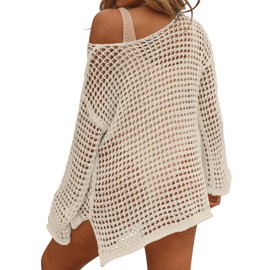 Hount Womens Swimsuit Coverups 2025 Summer Crochet Bathing Suit Bikini Cover Up Long Sleeve Beachwear Tunic Tops Apricot S