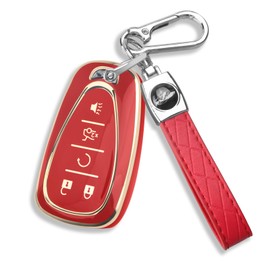 QBUC for Chevy Key Fob Cover With Keychain Gold Trim Soft TPU Protection Case Compatible with 2016-2024 Chevy Equinox Malibu Camaro Blazer Traverse Trailblazer Trax 5-Buttons(Gold Trim Red)