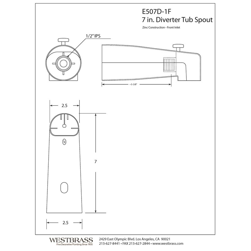 Westbrass 7" Diverter Tub Spout, Polished Chrome, E507D-1F-26